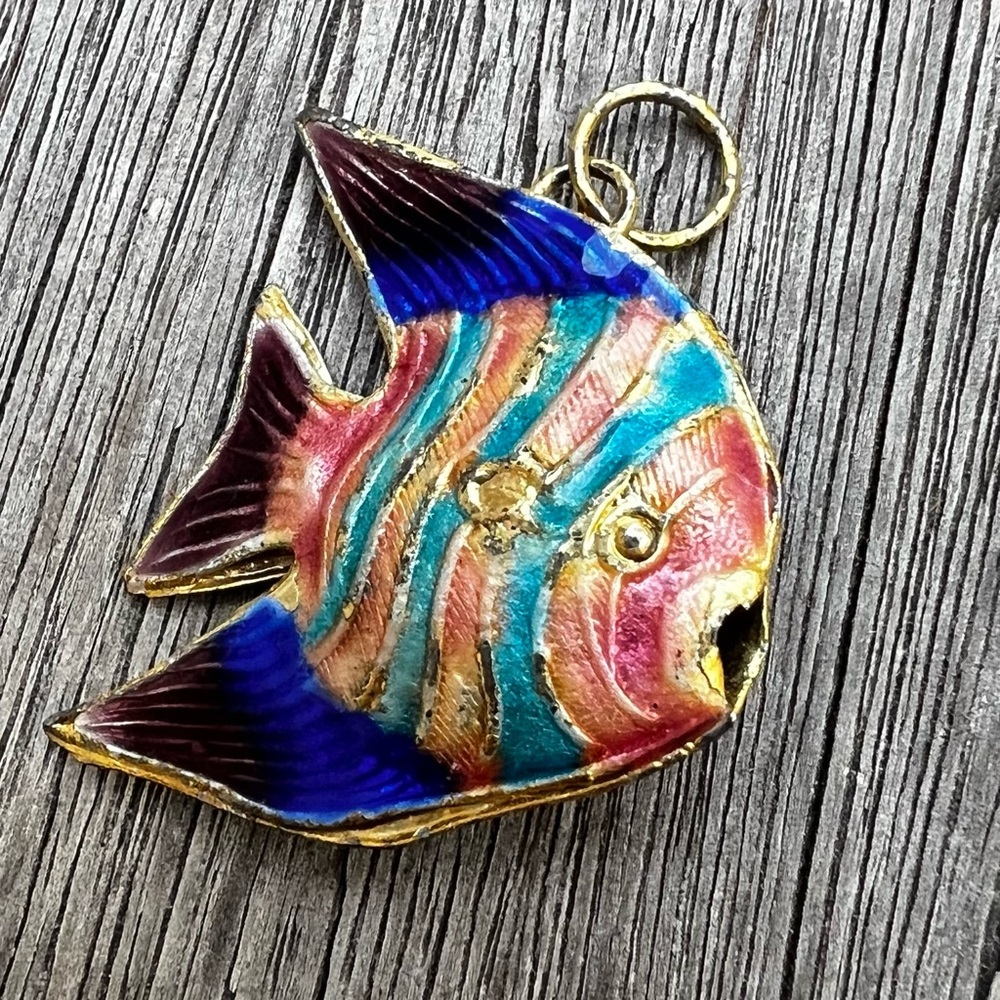 Vintage Cloisonne Multicolor Enamel Tropical Fish Pendant for Necklace 1"